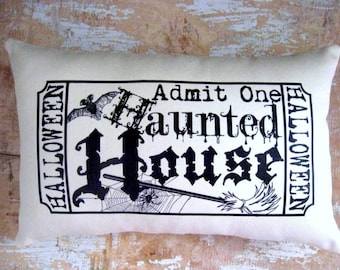 Halloween Pillow, Haunted House, Ticket, Witch, Broom, Bats, Admit One, Cottage Decor, Decor, Home Decor, Housewares, Decorative Pillows