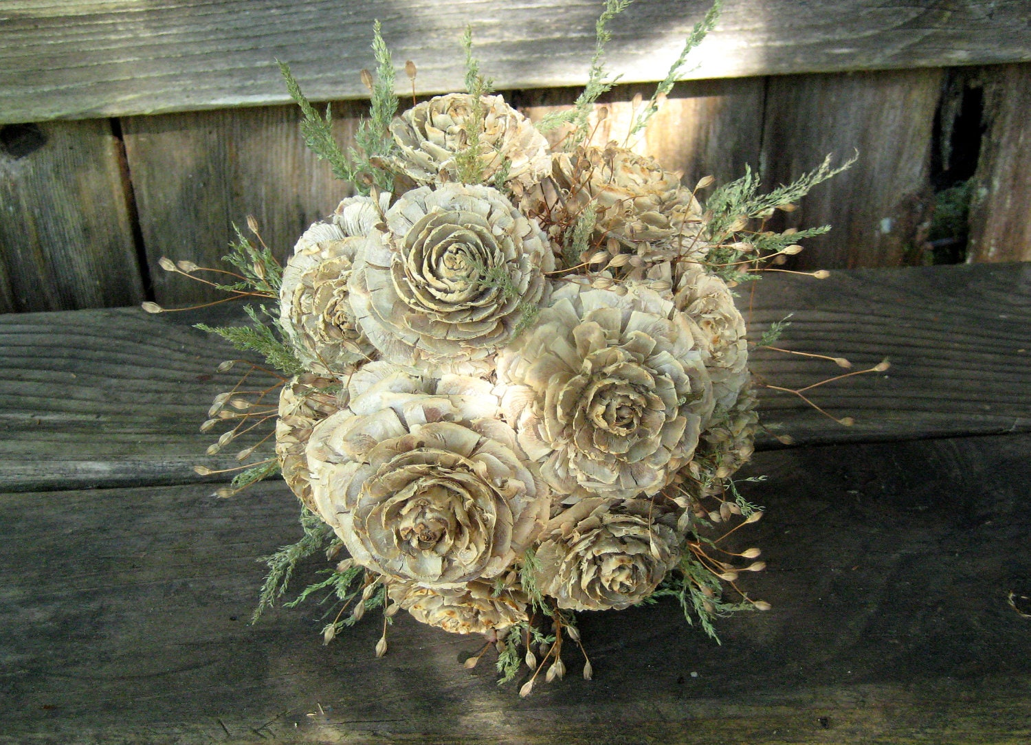 Rustic Ivory & Sage Woodland Wedding Bouquet - Cedar Rose, Lapsana and Ornamental Grass