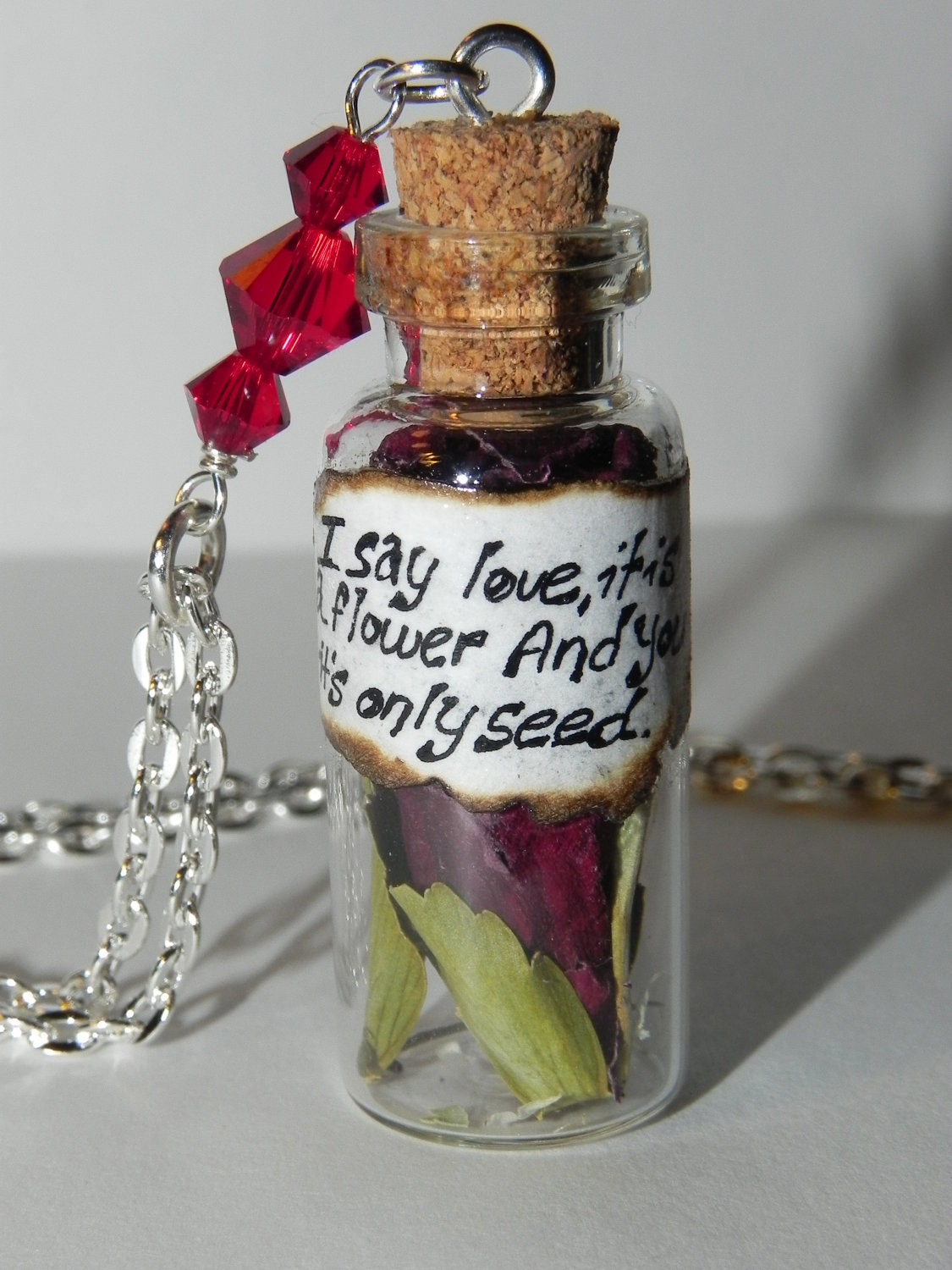 The Rose, Bettle Midler's The Rose Music Lyrics, Real Rose Petal and Leaf Inside a Bottle Necklace