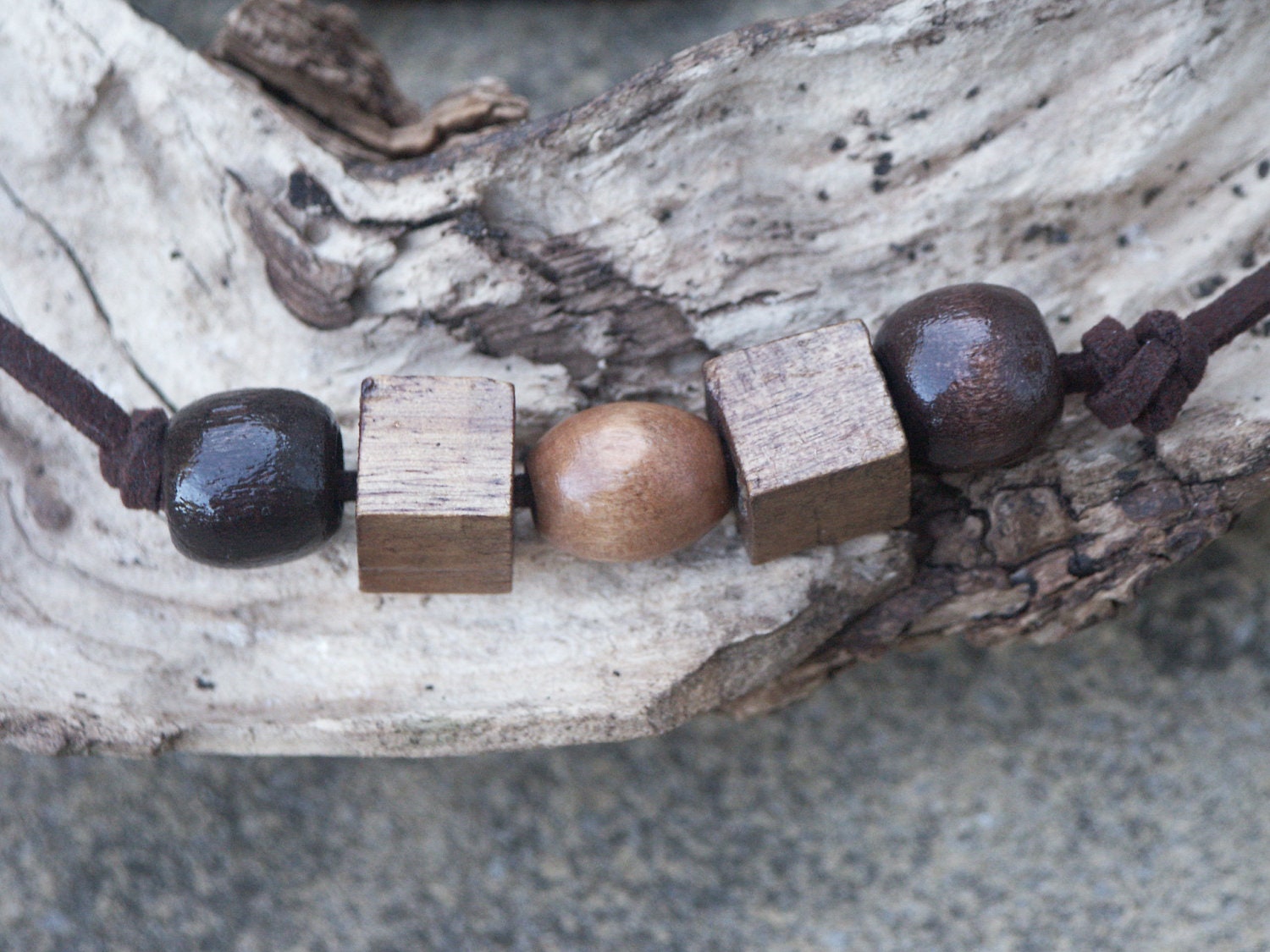 Wooden beaded handmade unisex necklace real suede leather adjustable length
