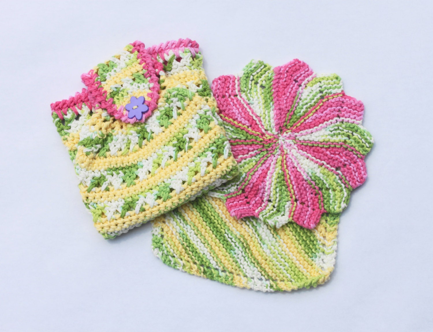 Bright Crocheted Kitchen Hand Towel with Matching Knit Dishcloths