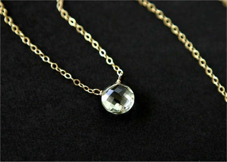 Gemstone Choker Necklace, Green Amethyst Faceted Coin Shaped Briolette, Gold-filled Chain, Gold-filled Wire.  N085.