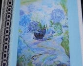 Lavender Blue Hydrangeas, Watercolor Art Prints, Mixed Media 6 Card Set, Envelopes, 5 1/2" x 8 1/2", Ribbons, Ephemera