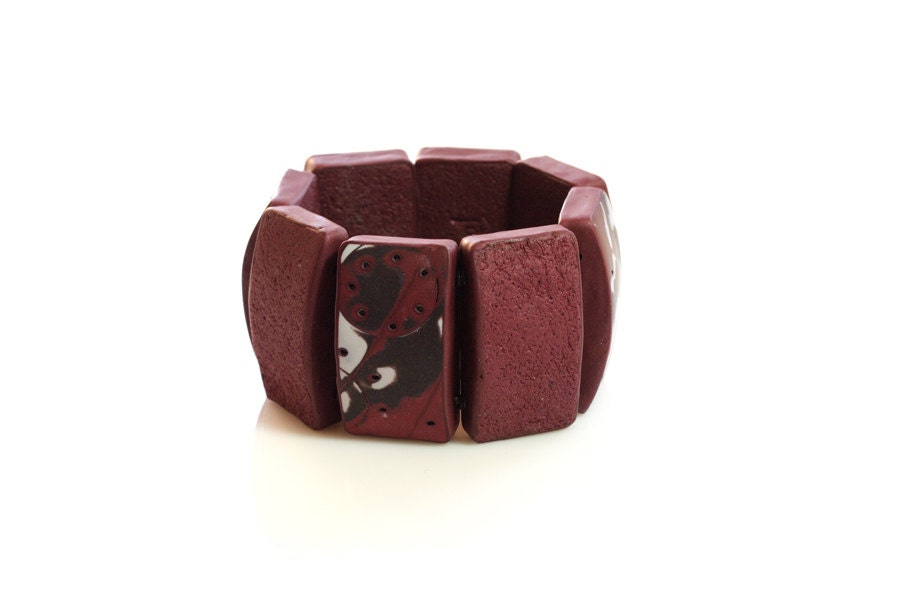 Big Statement Bracelet, Burgundy Red Domino Tile, Fashion Designers Jewelry by JagnaB