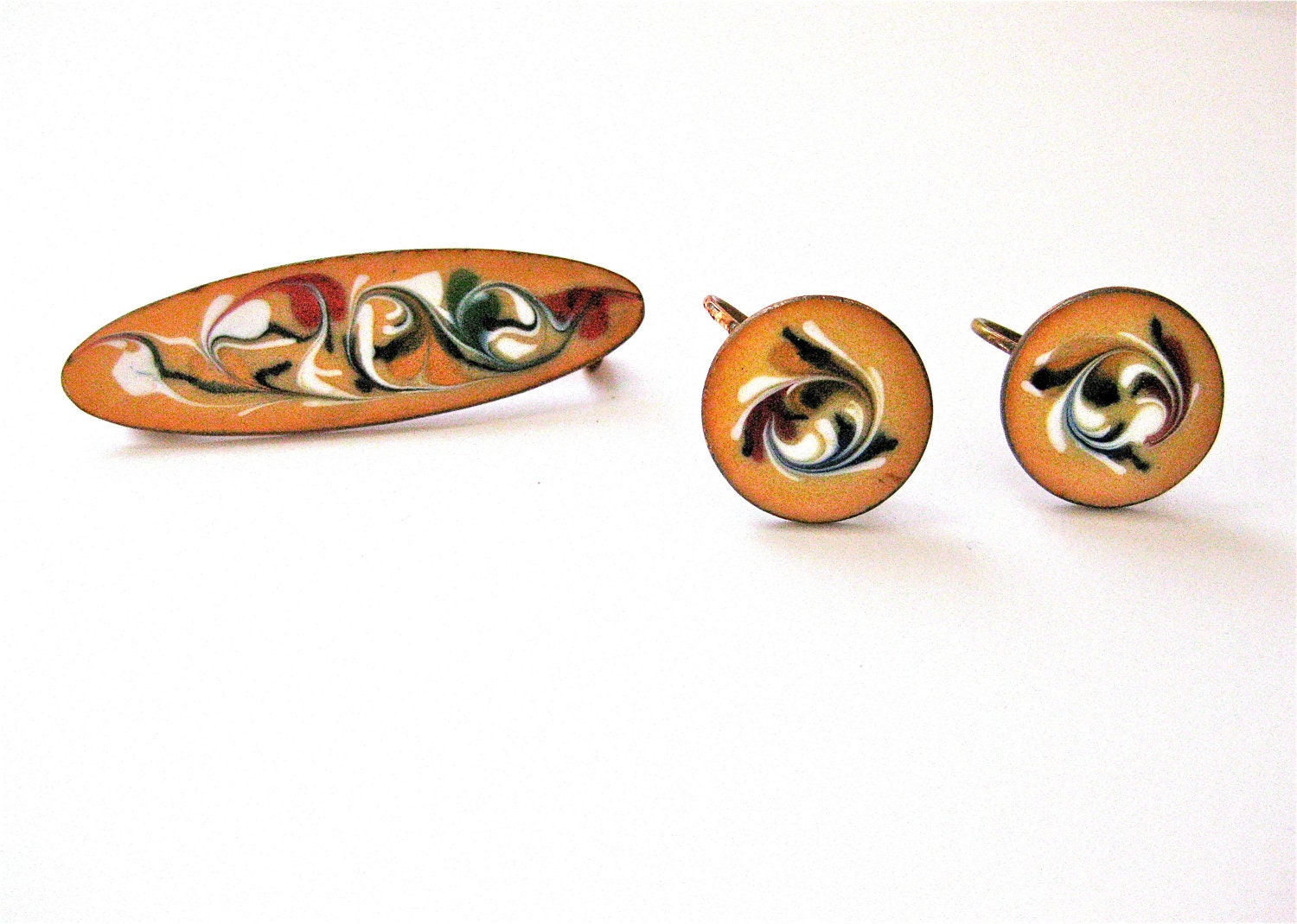 Vintage Pin Earring Set Enamel Copper Pin Brooch and Earring Swirl Multi Colors 1950's