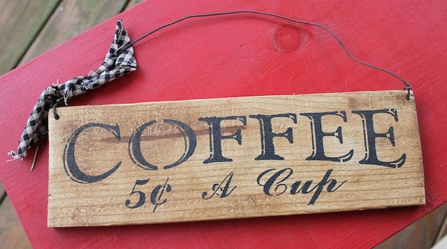 COFFEE primitive rustic wood SMALL hangs by rustic wire