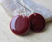 Dangle Drop Earrings - Burgundy Red Epoxy Enamel Circle Discs - Sterling Silver Plated over Brass