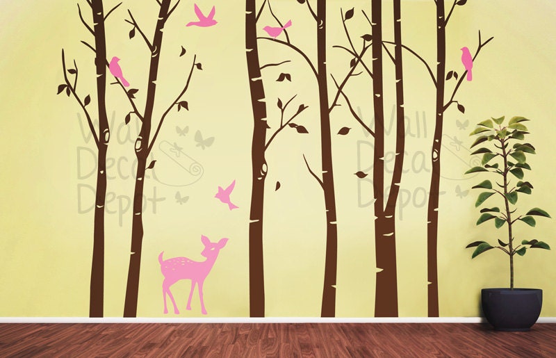 Wall Decals - birch tree Wall decal deer and birds wall decal