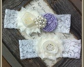 Lilac Wedding Garter- Light Purple Vintage Wedding Bridal Garter and Toss Garter- Ivory and Purple Wedding Garter-Toss Garter