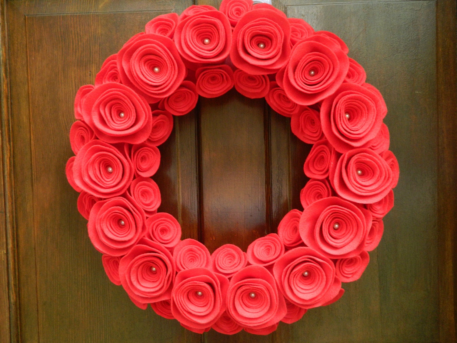 Red Wreath - Christmas Wreath - Felt Flower Wreath in Red with Pearls - 16 inch