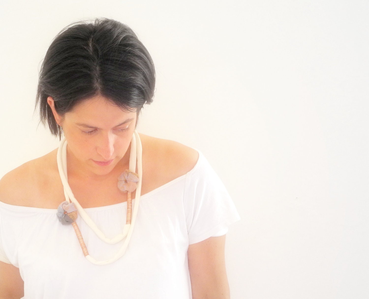 Jersey necklace fabric flowers copper spirals beads white - spring - OOAK handmade - ready to ship