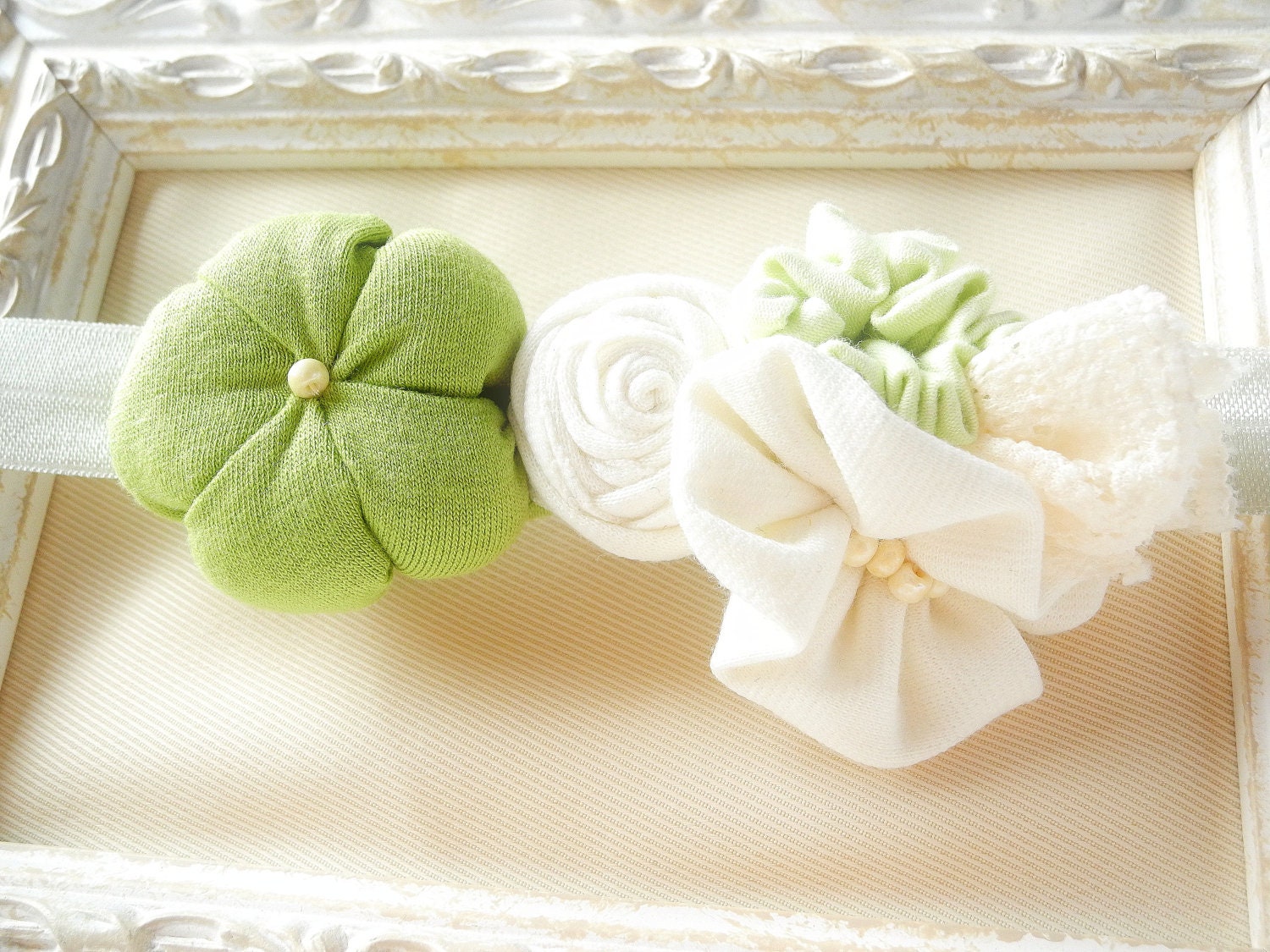 Baby headband fabric flower matching green white girl newborn baby child - handmade - ready to ship