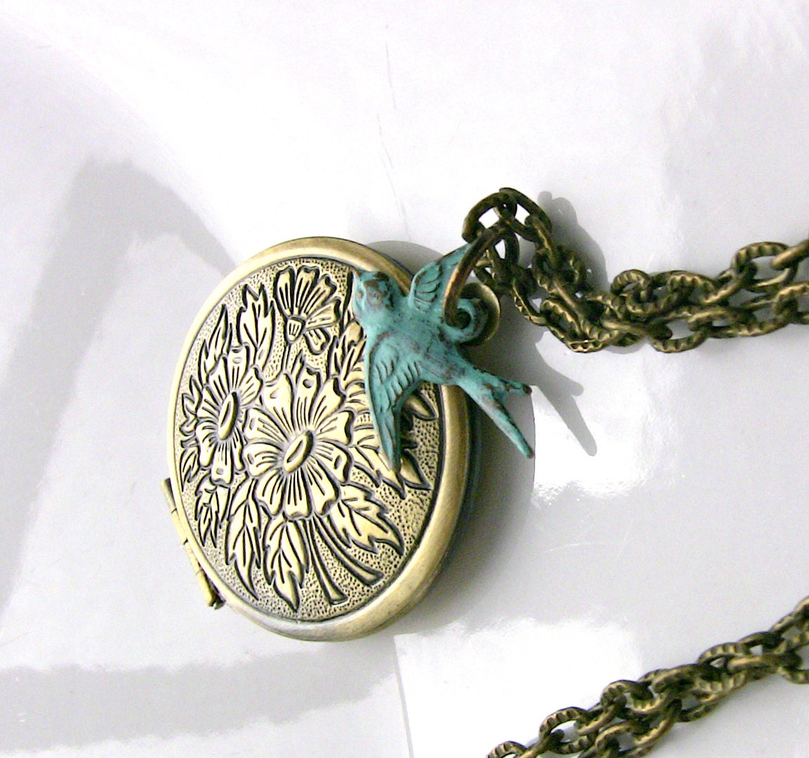 Blue Bird Locket Necklace - Vintage Photo Locket  - Picture Locket - Verdigris Antique Bird Locket - Original