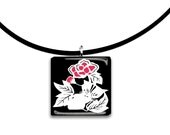 Retro red rose and kitty cat glass tile pendant, red white and black