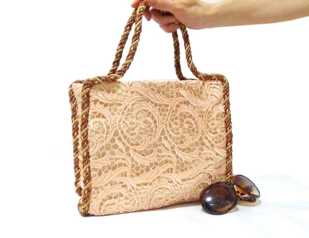 Handmade Lace bag- Lace Purse- Salmon Bag- Peach handbag- Satin Lace purse- Medium lace bag- Unique handbag