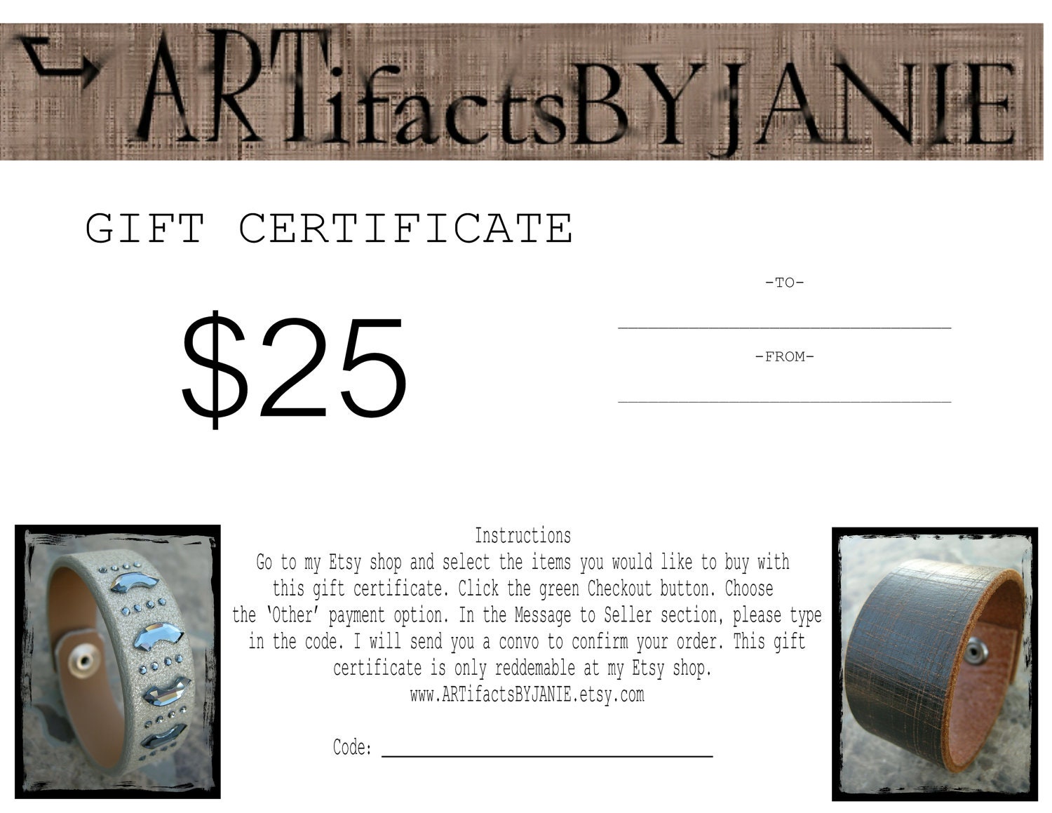 Gift Certificate for 25.00 USD in PDF or Tangible form, Sent to your Loved One For Leather and Swarovski Crystal Jewelry