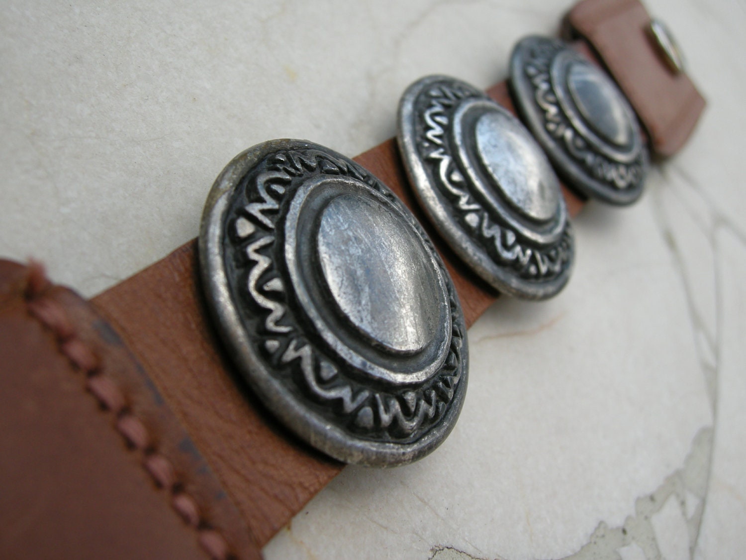 Brown Leather Bracelet Metal Deco Recycled Reclaimed Bangle Cuff with Snap BRN-31-1