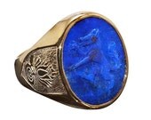Lapis lazuli Engraved Sculpted Heraldic Wolf Gold Plated Sterling Silver Ring