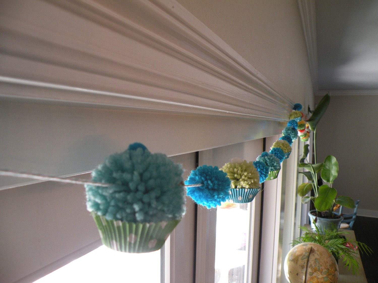 Blue Teal and Green Pompom Cupcake Birthday Garland