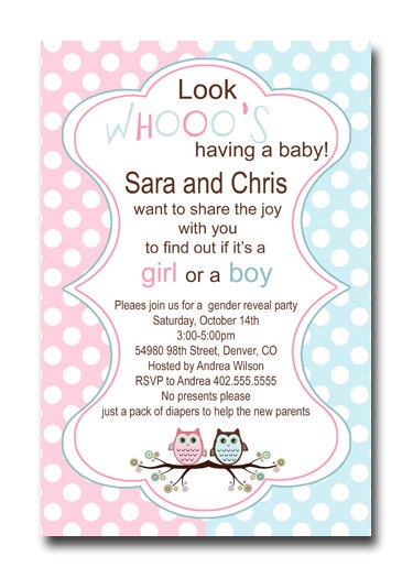 Gender Reveal Boy or Girl Owl Baby Shower or Sprinkle Invitation Card  - You Print
