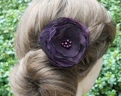 Chiffon Aubergine Hair Flower with Freshwater Pearls and Crystals for Bride, Bridesmaids