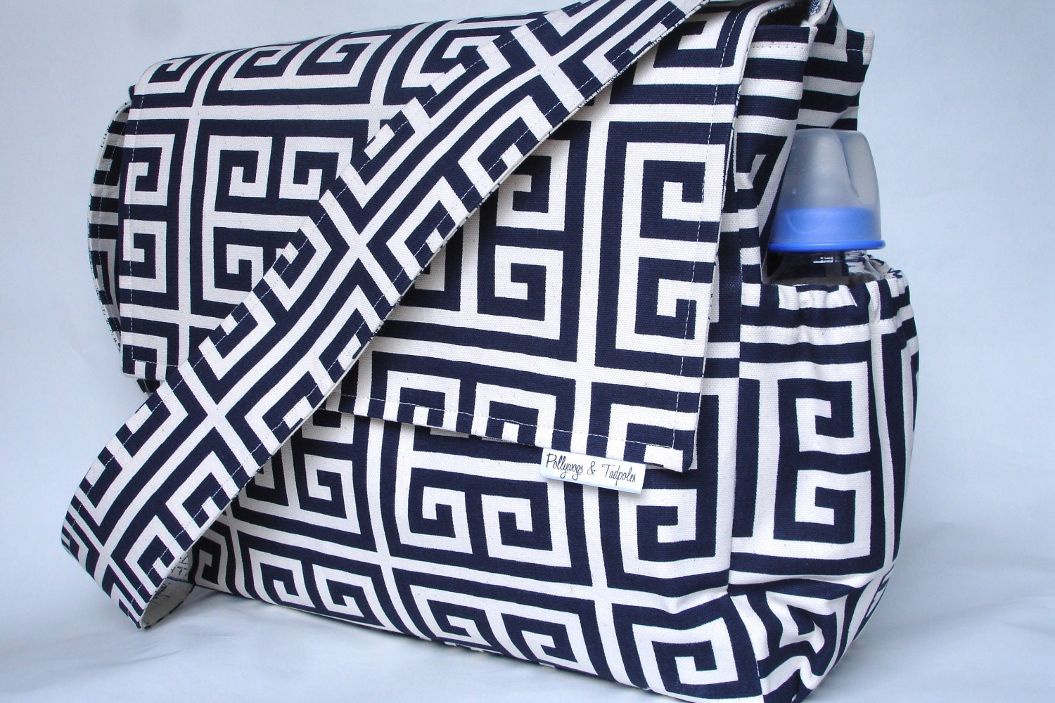 Tote Bag/Diaper Bag - Navy/Natural Geometric with French Stamp lining - Large Messenger Bag with Inner and Outer Pockets