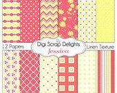 Jessica Coral Pink & Yellow Digital Papers: Linen Textured Floral, Chevron, Quatrefoil, Instant Download