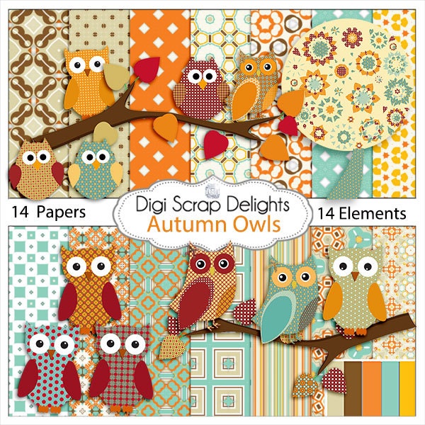 Autumn Owl Clip Art - Owls Scrapbook Kit, Instant Download- Digital Papers for Party Invites, Cards, Orange, Brown, Blue, Red, Green