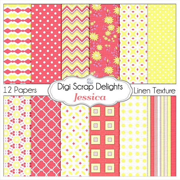 Jessica Coral Pink & Yellow Digital Papers: Linen Textured Floral, Chevron, Quatrefoil, Instant Download