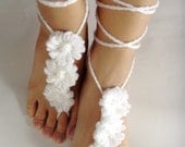 Barefoot SANDALS, Crochet White Flowers, Nude Summer Shoes, Bohemian Jewelry, Beach Wedding Anklets