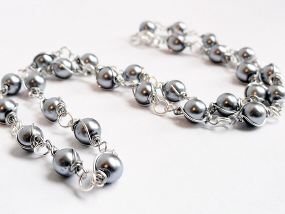 Caged pearl necklace - wire wrapped beads - gray pearl necklace - glass pearl necklace - wire wrapped beads