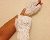 Owl figure White  Wool Fingerless Gloves Armwarmers  Hand Knit Chic Winter Accessories Winter Fashion