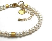 SALE Tweedle 2. Fresh Water Pearl Beaded Bracelet with brushed Vermeil disk charm