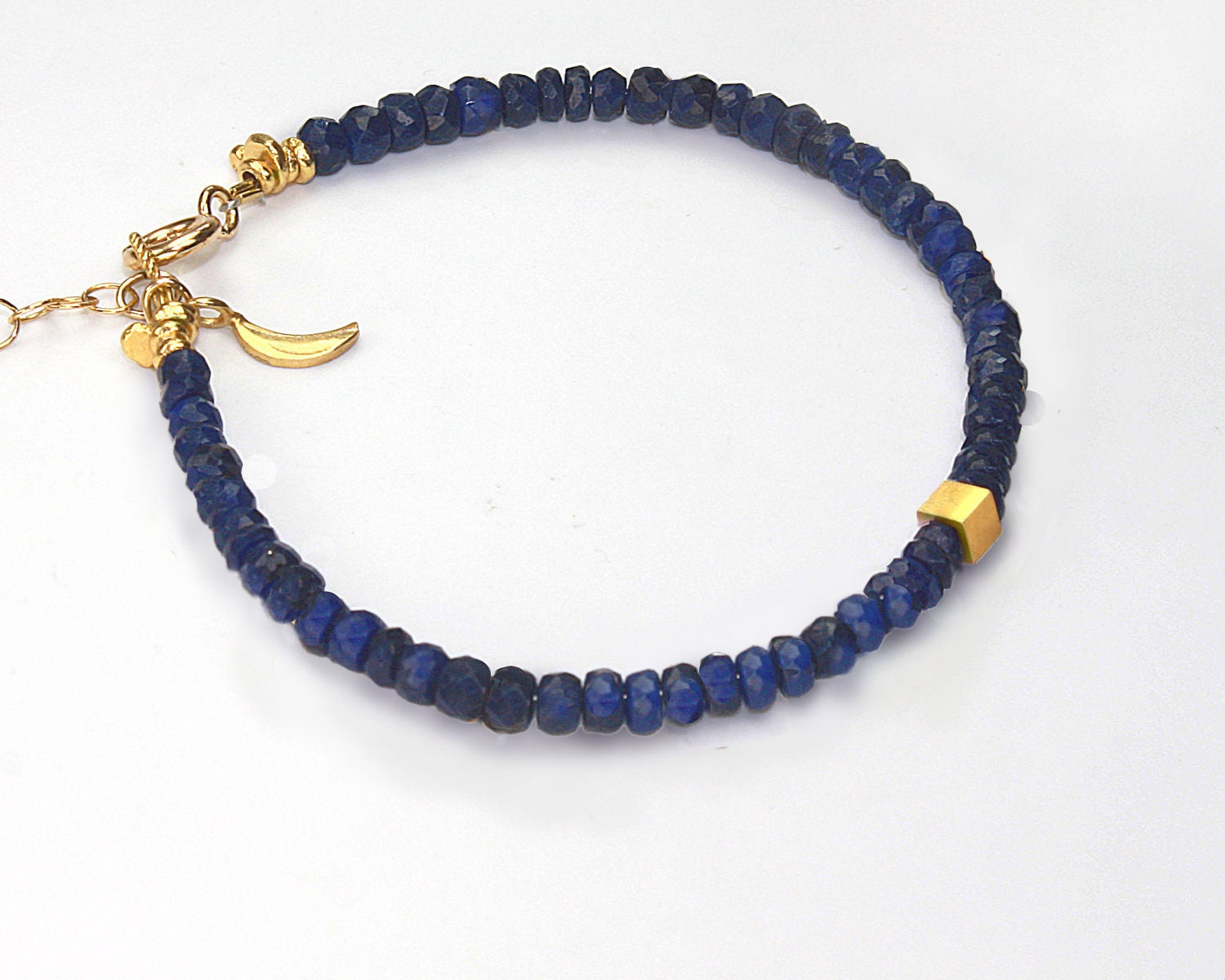 Tweedle 2. Gold and sapphire bracelet or anklet. blue and gold Friendship bracelet with a moon charm