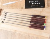Vintage Fondue Fork set, Stainless w/ danish style teak wood handles, plastic colored ends (set of 6)