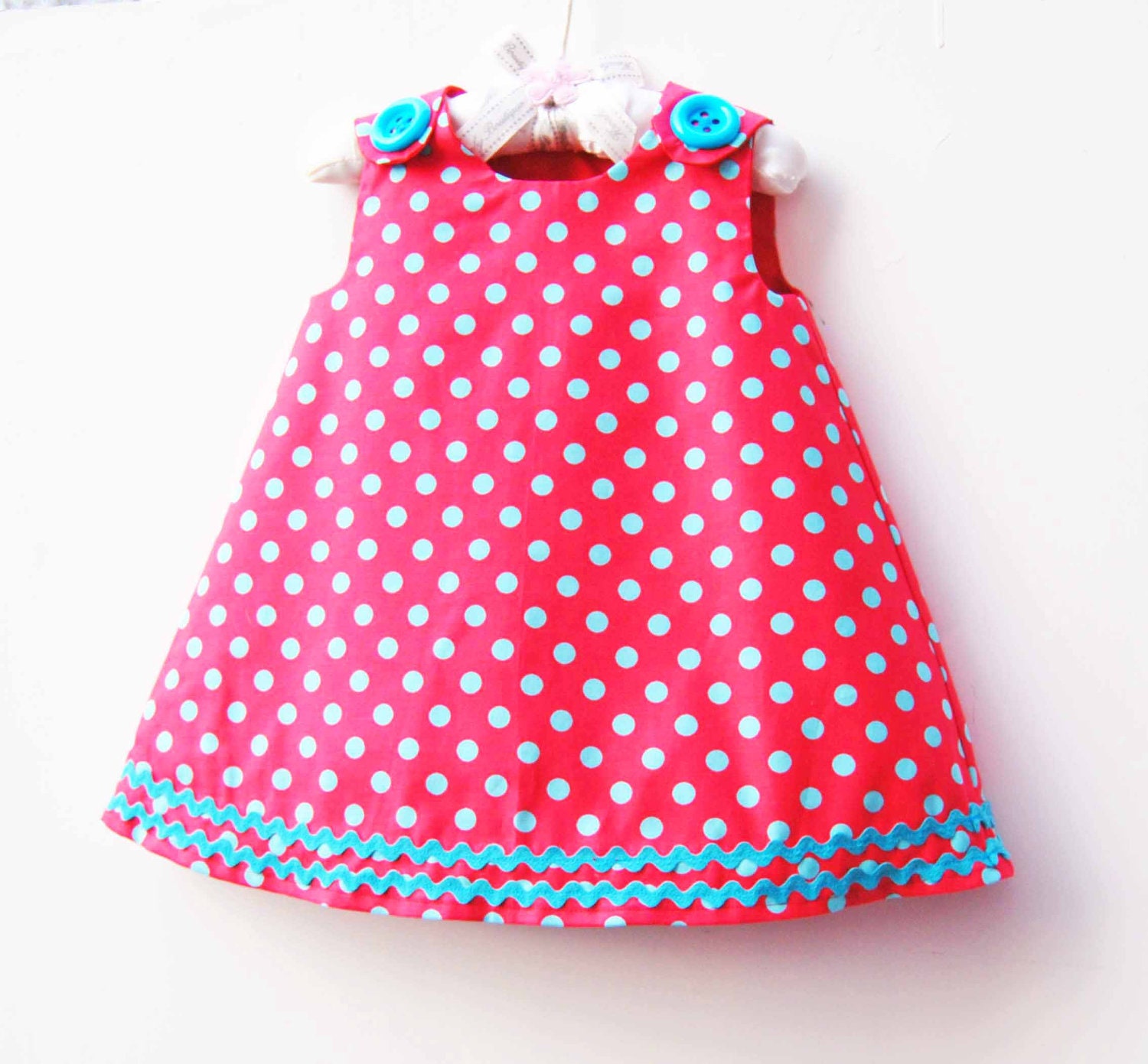 Red Turquois Polka Dot Dress - Baby Girls Outfits - Infant Dress Pattern - Toddler Girls - Handmade by KK Children Designs - 3M to 4T