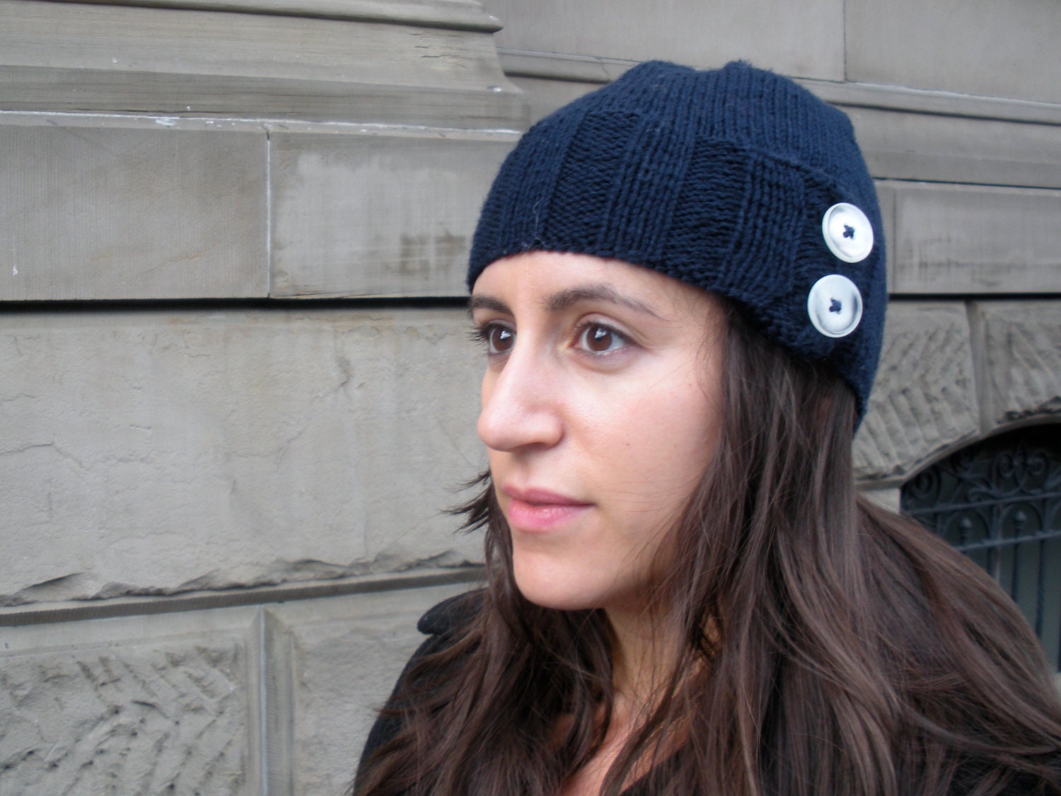 Knit "Eddy" Cap in Navy Blue with White Buttons