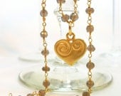 Smoky Topaz and Gold Wire Wrapped Chain Extra Long Necklace with Gold Heart