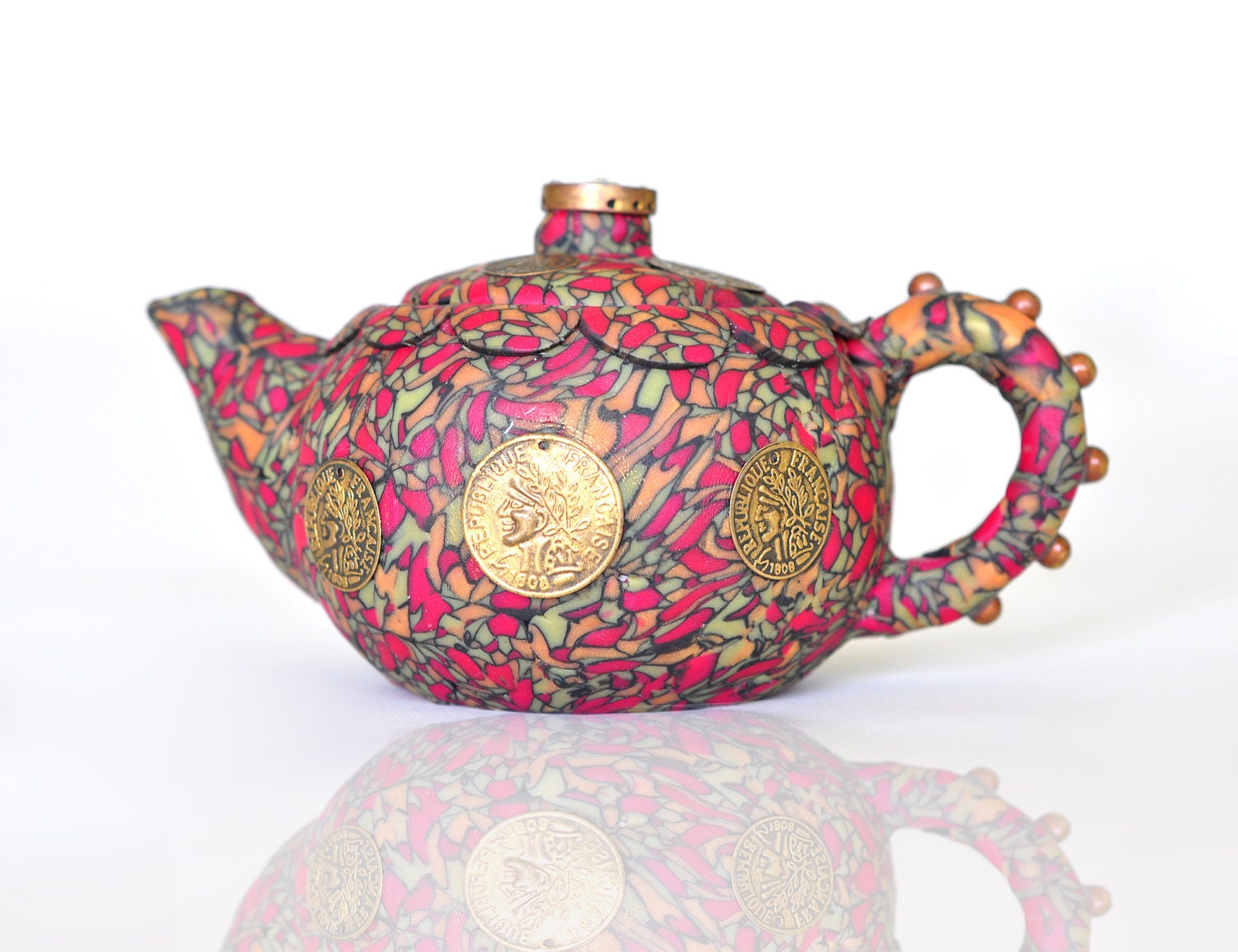 Polymer Clay Teapot Multicolored Stained Glass look with coin accents