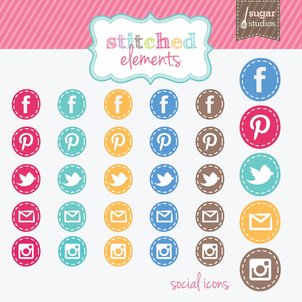 Stitched Social Media Buttons Digital Clipart - 25 Pieces for Personal & Commercial Use