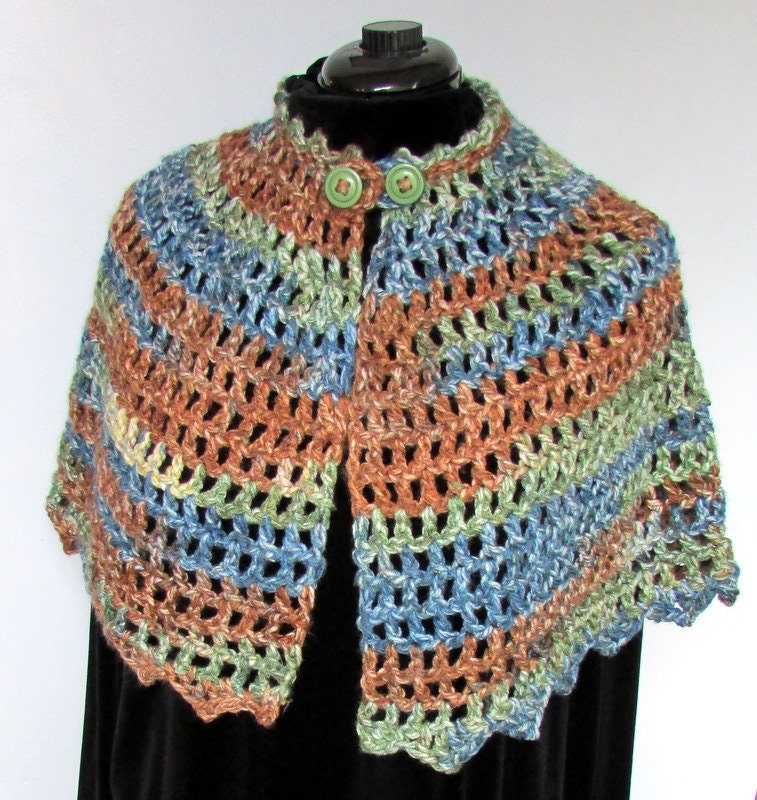 Crochet Cape chunky Brown blue and green shawlette scarf stole shawl handmade