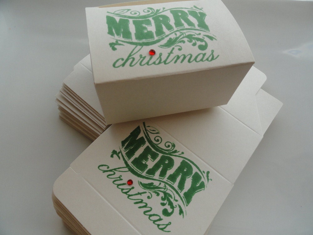 10 Tiny Merry Christmas Gift Boxes Hand Stamped with Rhinestone Bling