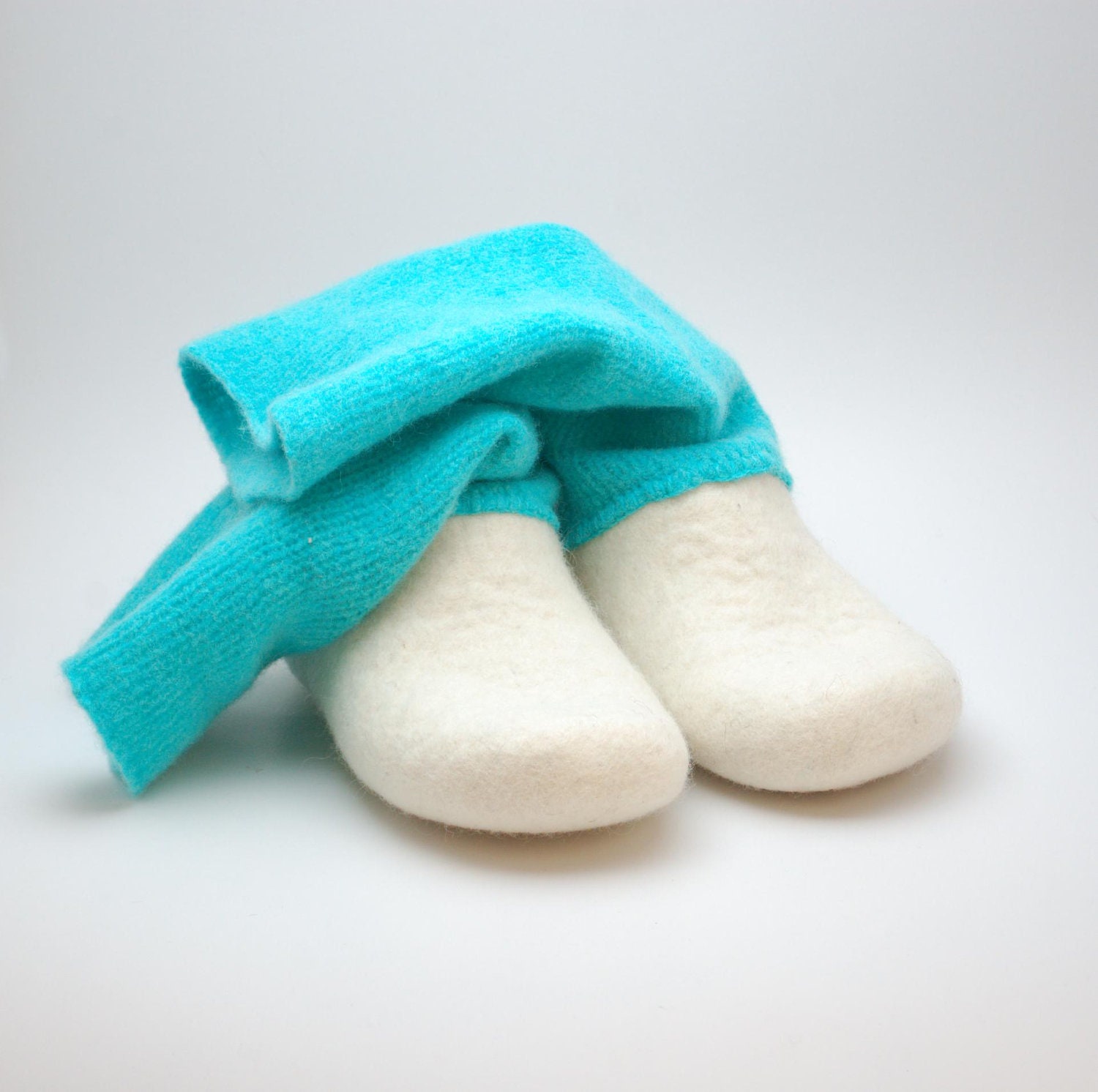 Felted wool slipper boots White Blue - felt organic wool shoes with knitted top