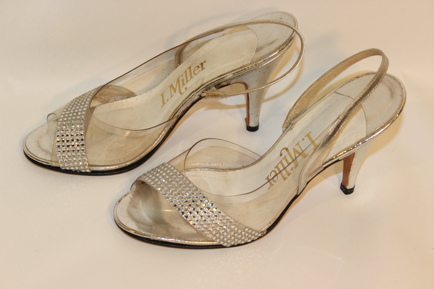 Vintage 1960's I Miller Shoes - Gold and Silver - Clear with Rhinestones - Size 5