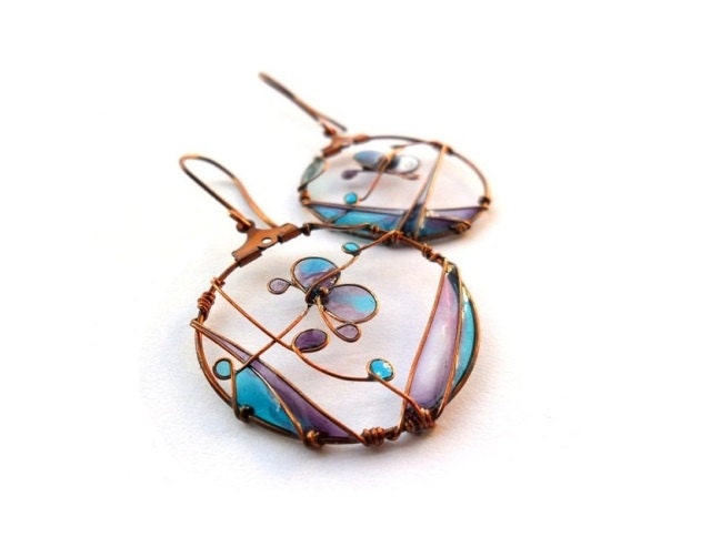 Blue purple butterfly earrings, copper dangle earrings, wire wrapped resin earrings, spring jewelry