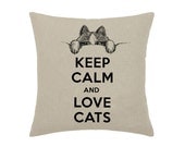 Keep Calm and Love Cats Pink Kitten Cat Kitty Looking Out Art Print - print on natural 100% linen canvas - 16x16 decorative pillow cover