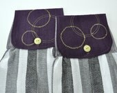 Hanging Kitchen Towel Set- Purple and Green Accents on Black, White and Grey Striped Towel