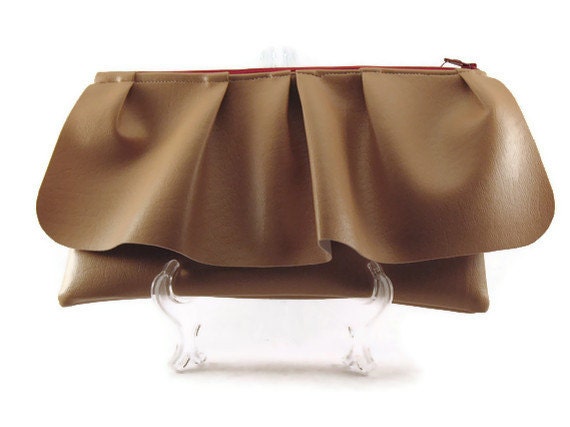 Tan and Burgandy ruffle clutch with removable wristlet