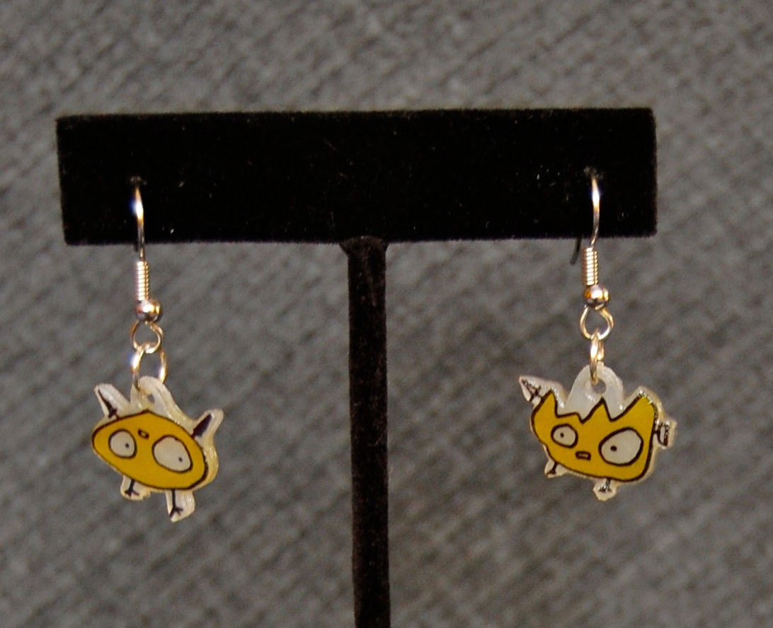 Yellow Monster Earrings  - Hanging Surgical Steel -  Shrinky Dink - Shrink Plastic