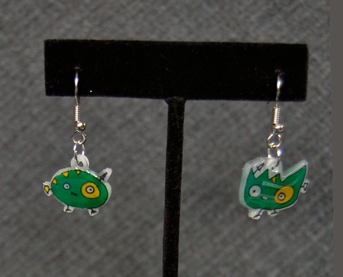 Green Monster Earrings  - Hanging Surgical Steel -  Shrinky Dink - Shrink Plastic